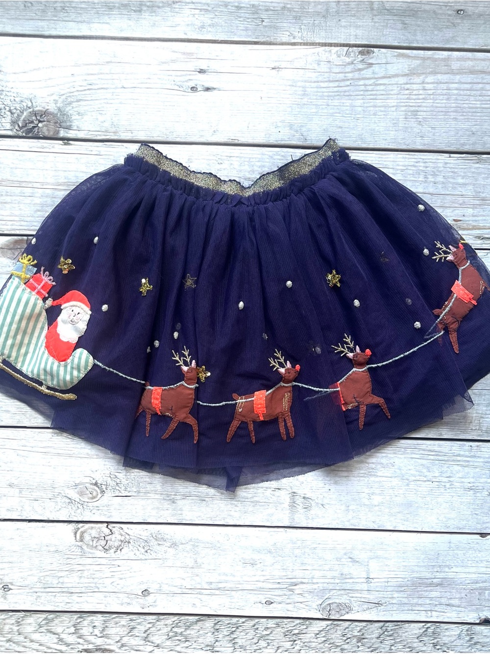 Mini Boden Navy Tulle Skirt with Santa & Reindeer Embroidery